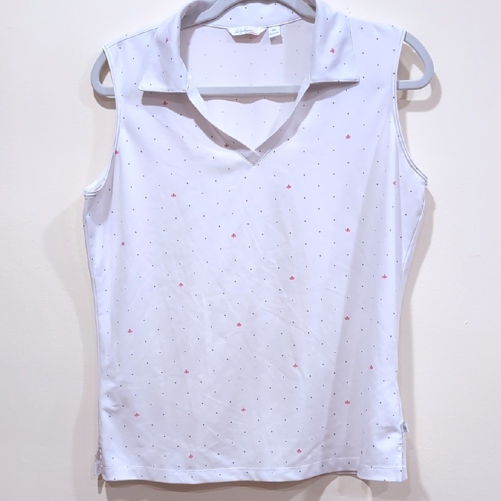 Lady Hagen Essentials Sleeveless Golf Polo Tank Top White Pink Dot Womens Medium